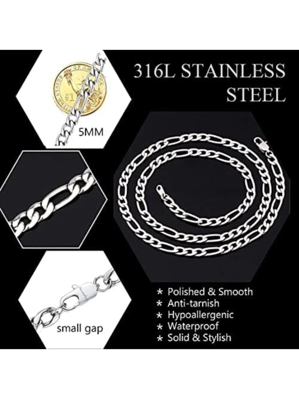 Stylish Stainless Steel Rope & Figaro Chain Necklace Bracelet Set for Men